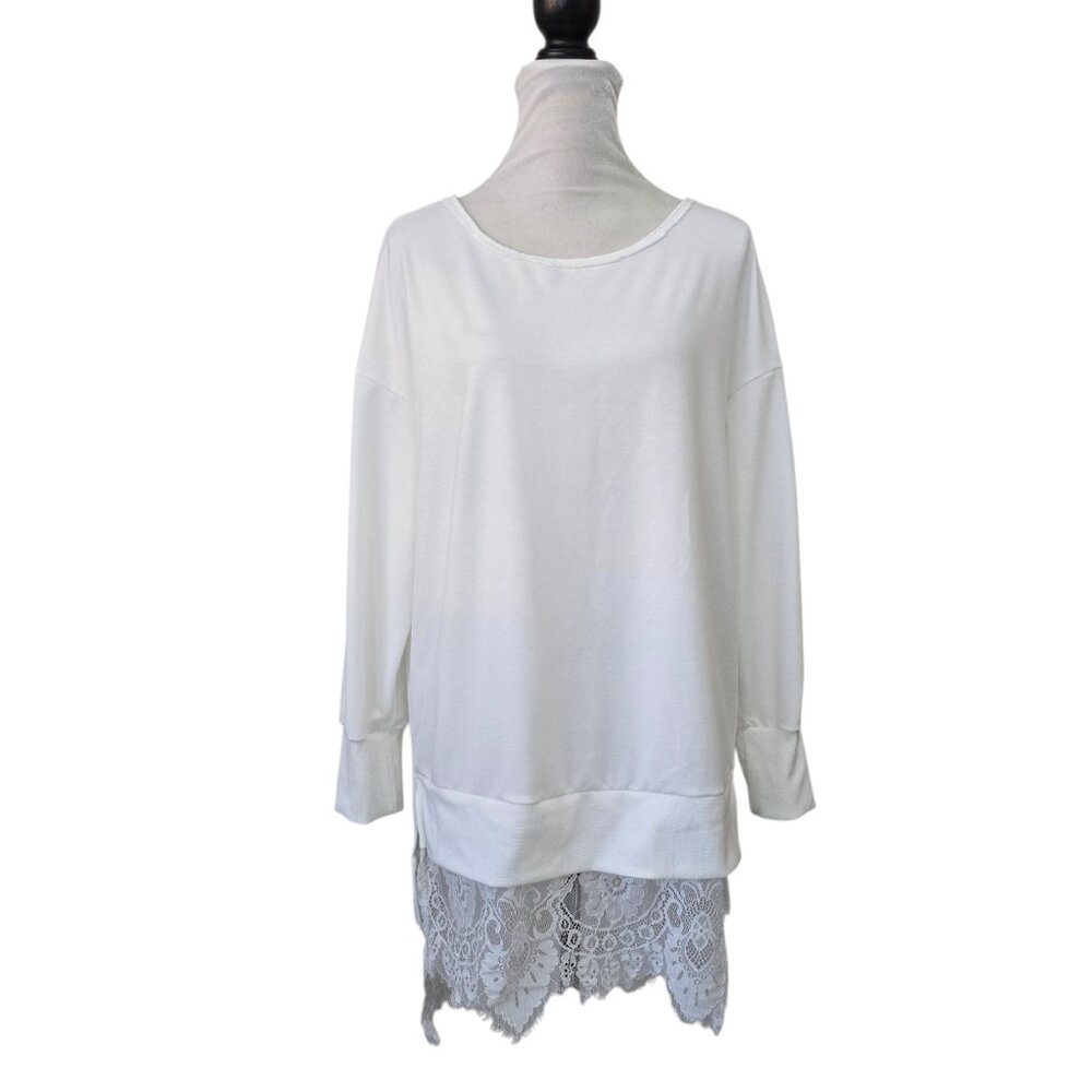 Women's White Long Sleeve Hi Lo Lace Trim Shirt Slits on Sides - Picture 2 of 11